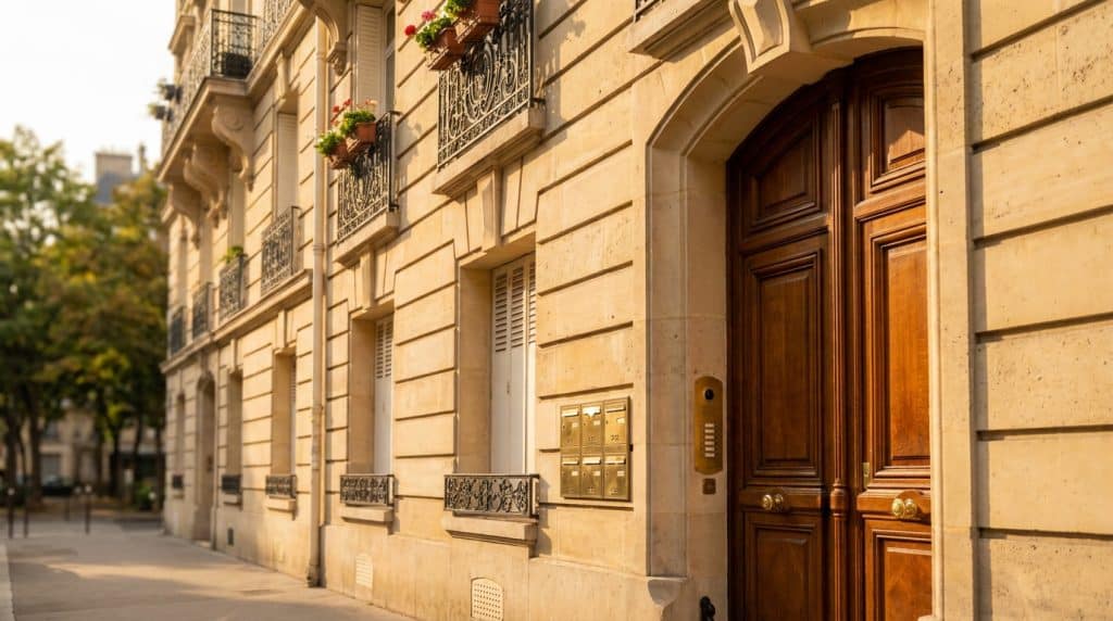 Façade d'immeuble parisien avec balcons et porte d'entrée