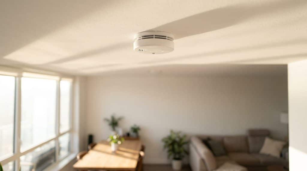 Détecteur de fumée blanc fixé au plafond