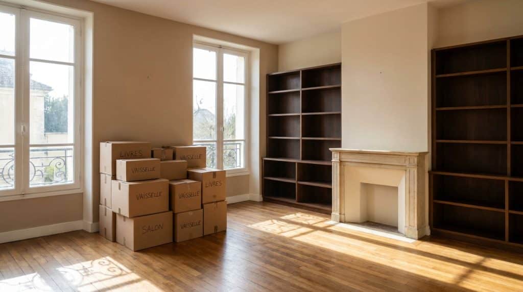 Maison française en cours de vente avec cartons de déménagement