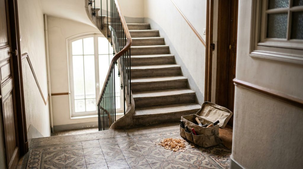 Hall d'immeuble français avec escalier en pierre